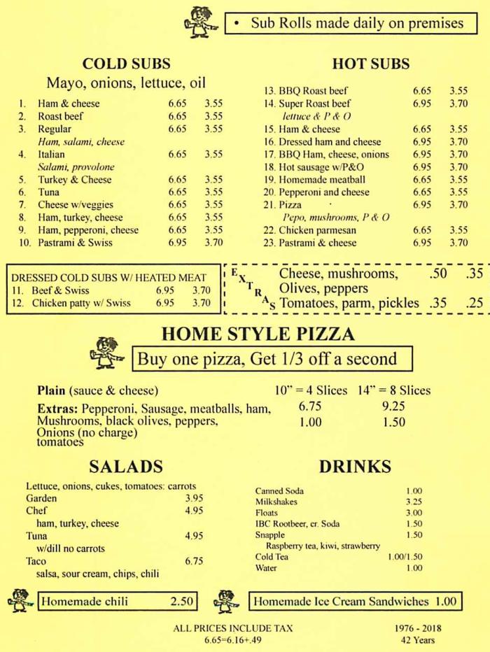 Page 1 of menu, Denny's Sub Shop in Big Flats, NY