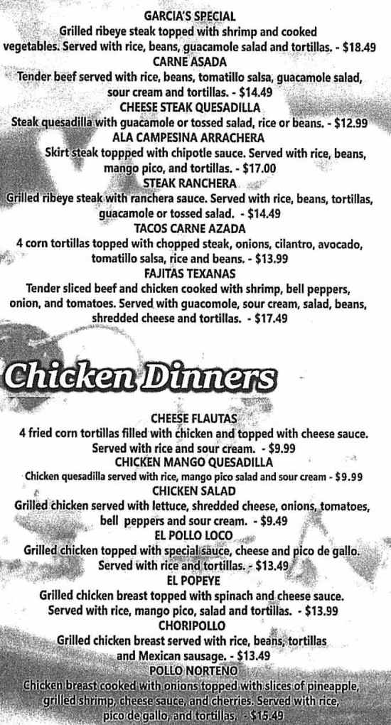 Page 4 of menu, Garcias Mexican in Elmira, NY