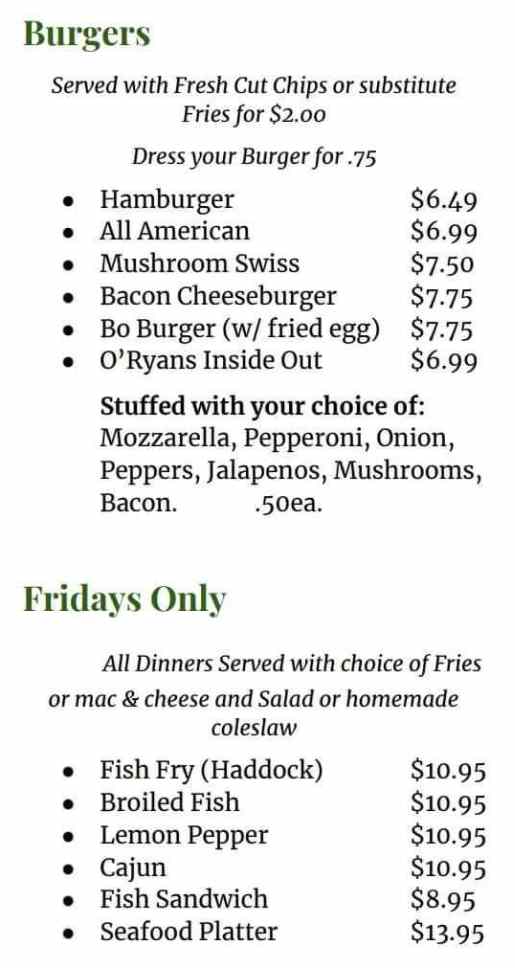 Page 5 of menu, O'Ryans Sports Bar & Grill Elmira Heights, NY