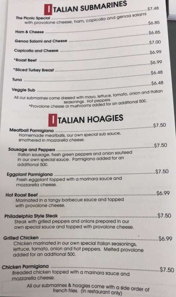 Page 2 of menu, Picnic Pizza Horseheads, NY